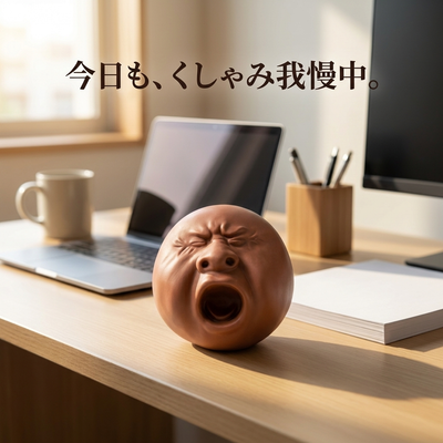 ノートパソコンとマグカップのあるデスクに置かれたくしゃみ顔スクイーズ