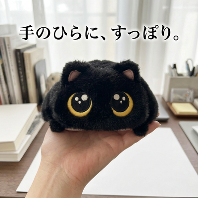 黒猫の香箱ねこを手のひらにのせた大きさの写真