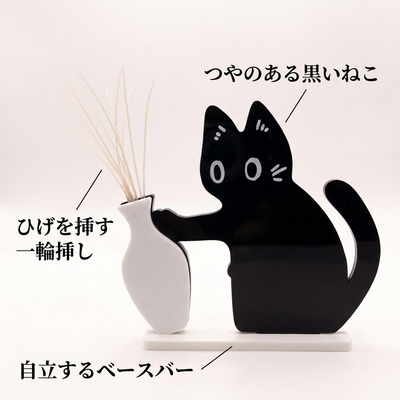 黒いねこ、一輪挿し、ベースバーの三つの部品を示した説明図。