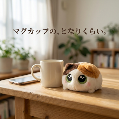 マグカップとスマートフォンの横に置いた三毛の香箱ねこ