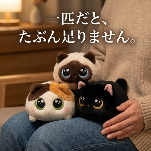 ひざの上にならんだ3匹の香箱ねこ