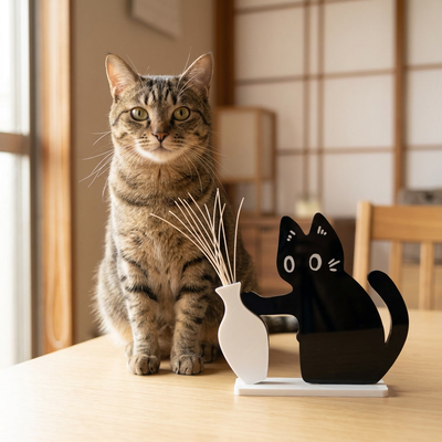 木のテーブルに座る元気な猫と、その隣に立つひげ飾り。