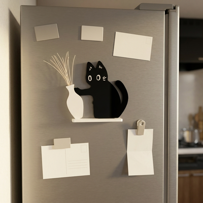 日本の台所の冷蔵庫の扉に貼られたひげ飾り。まわりにマグネットと無地のはがきがある。