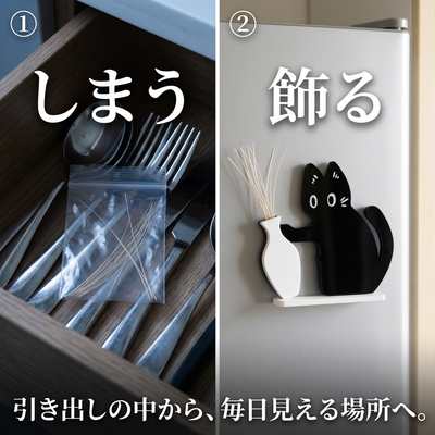 左は引き出しの中のジップ袋に入ったひげ、右は冷蔵庫に飾られたひげ飾りの比較。