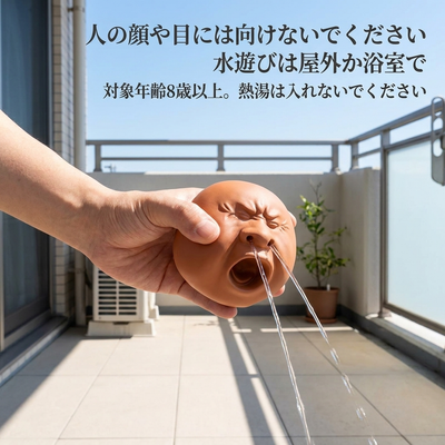 ベランダの床に向けて鼻から水を出す、安全な水遊びの注意書き入り画像