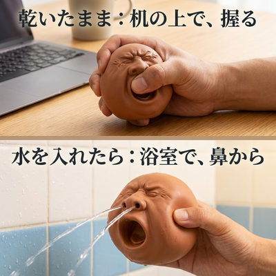 上段は机の上で握る様子、下段は浴室で鼻から水を出す様子の二段構成