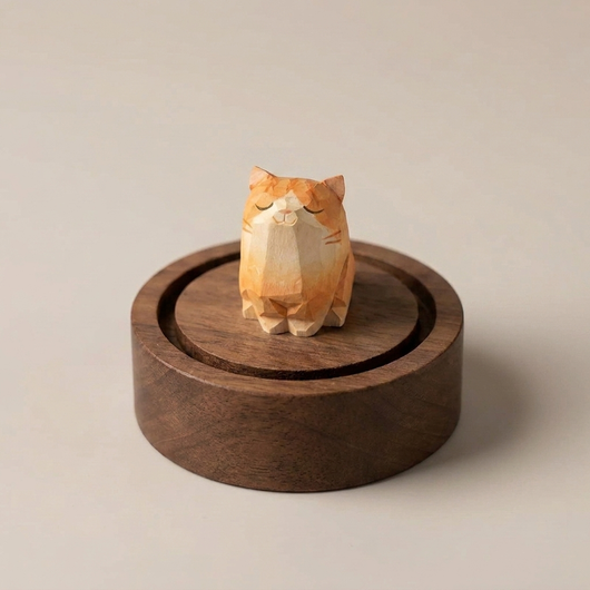 胡桃木の台座にのった手彫りのちゃとらねこ