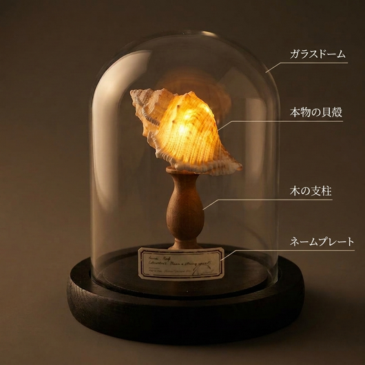 各部の名称 ガラスドーム 本物の貝殻 木の支柱 ネームプレート