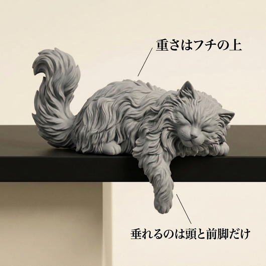 重さはフチの上 垂れるのは頭と前脚だけ