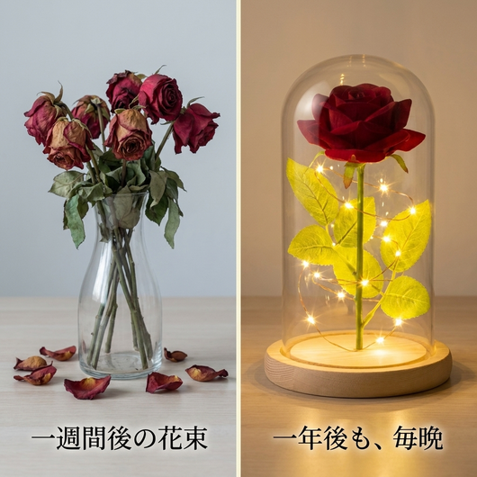 一週間後の花束と、一年後も毎晩光るドームの比較